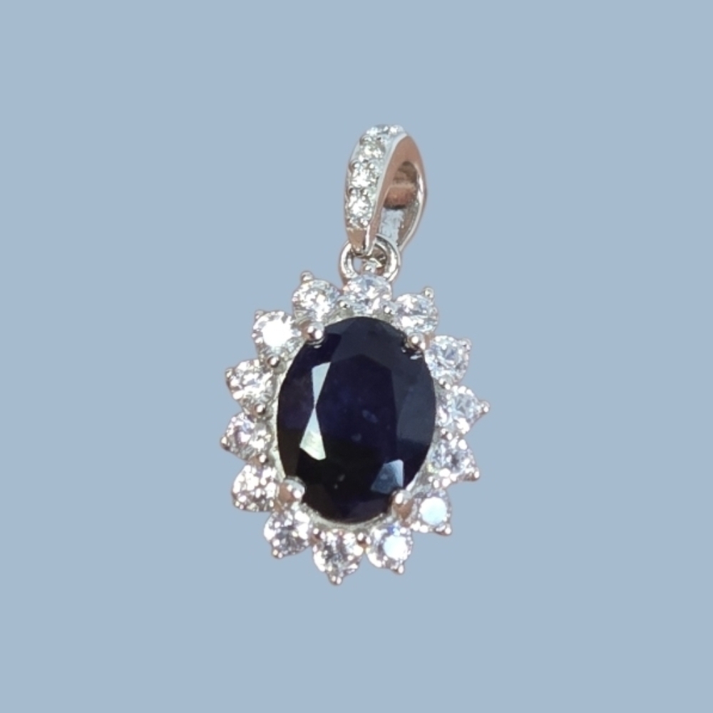 925 Sterling Silver Pendant with Natural 9x7mm Sapphire Gem & Cz